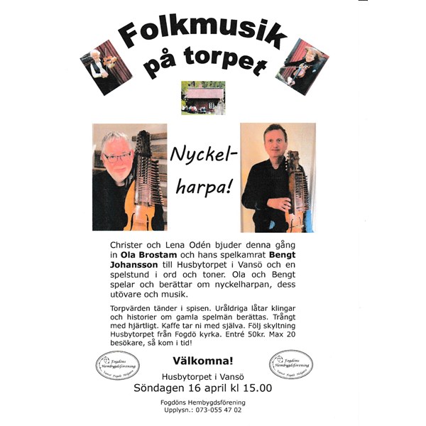 Folkmusik vid Husbytorpet 16 April kl.15,00