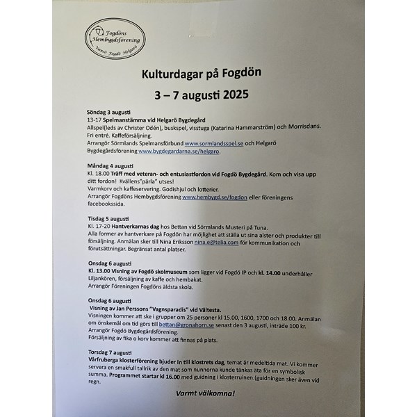 Kulturdagar på Fogdön vecka 32 , 3-7 augusti 2025