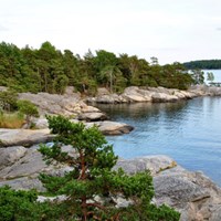Oxnö mot Mysingen, klipporna är flitigt besökta av både solbadare och sportfiskare.