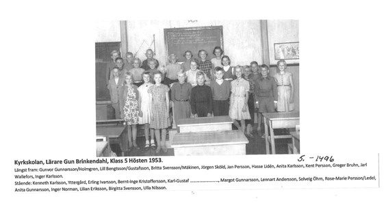 Kyrkskolan. Lärare Gun Brinkendahl. Klass 5 Ht 1953. 5-1496