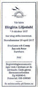170429 Dödsannons Birgitta Liljedahl