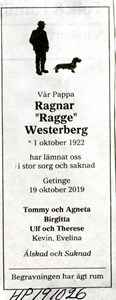 191026 Dödsannons Ragnar Westerberg