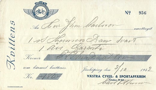 Inköp av cykel 1942 för 180 kronor