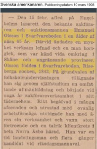 Emanuel Olssons död 1908 i Svarvareboden, ur Svenska amerikanaren