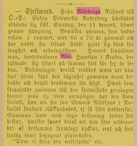 Petronella Anderbergs död 1883 i Riseberga
