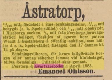 Ur Sydsvenskan 9 april 1883, försäljn. Spele-Stället i Åstratorp
