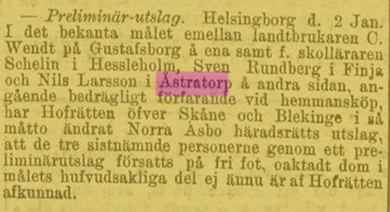 Aftonbladet 5 jan 1874, prel. Hovrättsutslag ang. fastighetsköp Åstratorp