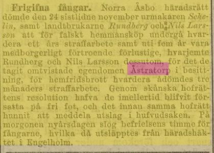 Nya Dagligt Allehanda 16 jan 1874, prel. Hovrättsutslag ang. fastighetsköp mm Åstratorp
