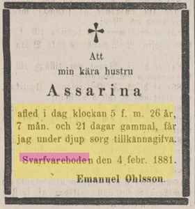 Dödsannons Assarina Andersdotter i Svarvareboden, ur Kristianstadsbladet 7 febr 1881