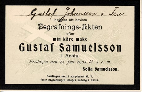 Inbjudan till begravningsakt för Gustaf Samuelsson i Ansta